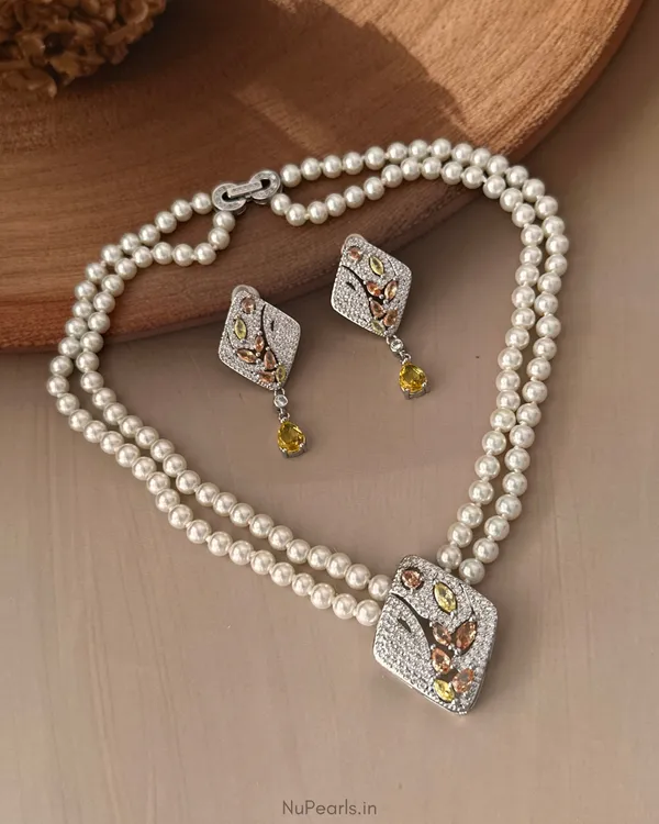 Yellow-Biege_Lola_AD_Pearl_Necklace_With_AD_Back_Clasp_&__Earrings_|Rhodium_Plated