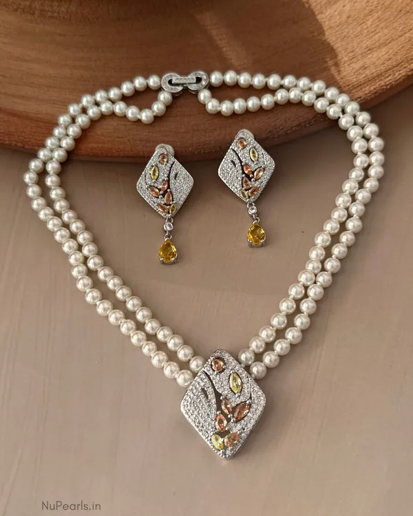 Yellow-Biege_Lola_AD_Pearl_Necklace_With_AD_Back_Clasp_&__Earrings_|Rhodium_Plated