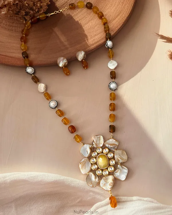 Yellow_Maanvi_Mother_Of_Pearl_&_Kundan_Long_Pendant_Set|Handmade_18K_Gold_Plated_Necklace