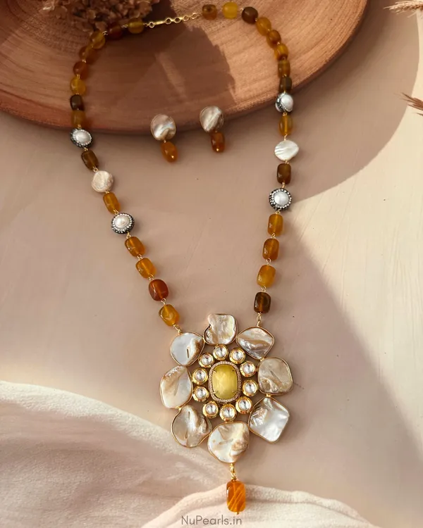 Yellow_Maanvi_Mother_Of_Pearl_&_Kundan_Long_Pendant_Set|Handmade_18K_Gold_Plated_Necklace