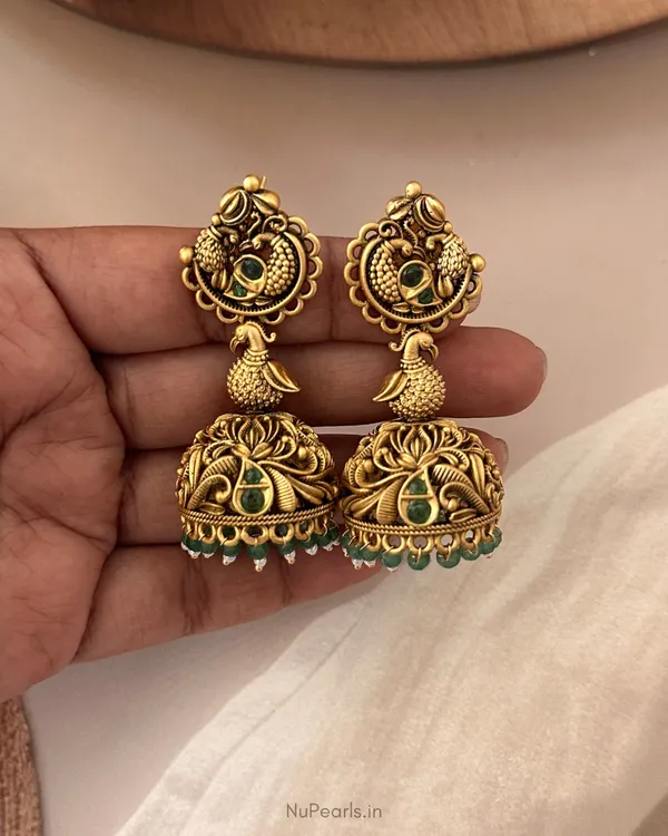 Hira_Temple_Jhumka_Earrings_with_Green_Stones_|Antique_Gold_Finish