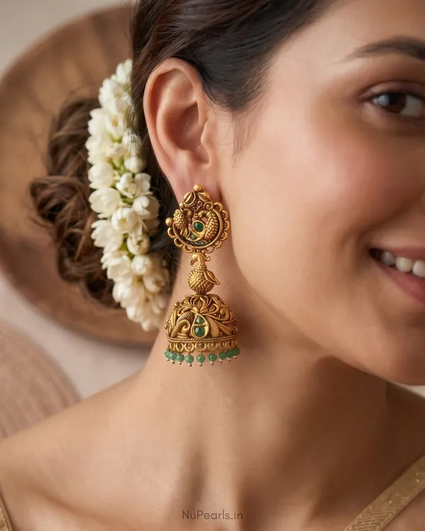 Hira_Temple_Jhumka_Earrings_with_Green_Stones_|Antique_Gold_Finish