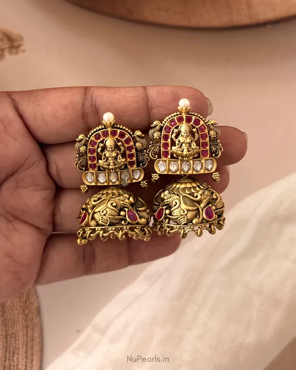 Red_Ragini_Temple_Lakshmi_Antique_Gold_Jhumka_Earrings