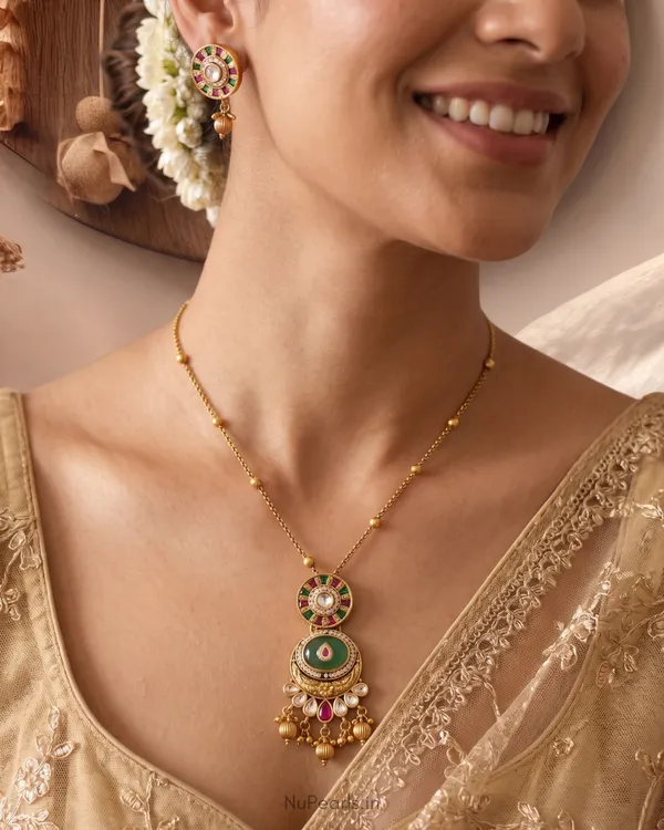 Vamika_Traditional_Antique_Gold_Pendant_Set_with_Green_&_Pink_Stones_(Beaded_Chain,_Earrings_Included)
