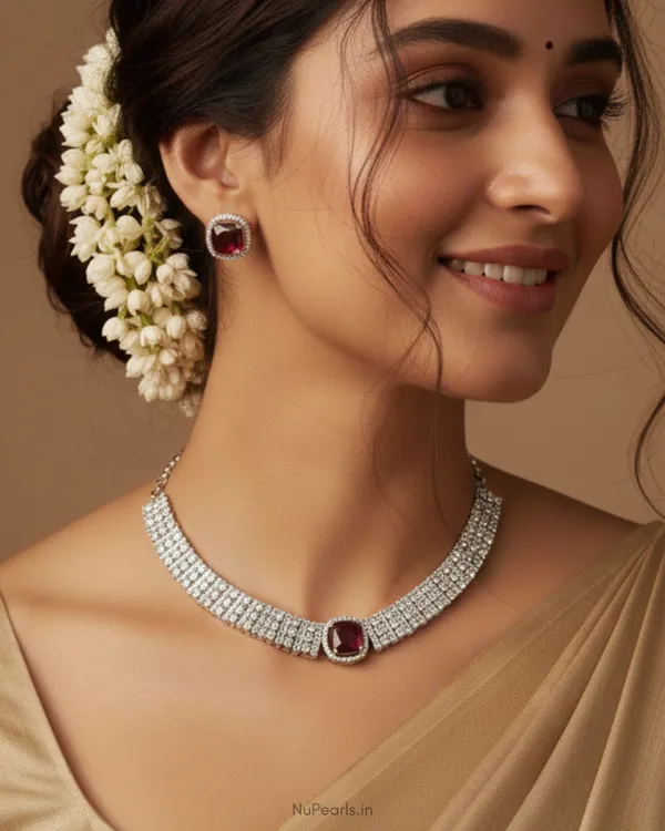 Brown_Savi_CZ_Studded_Choker_With_Studs_|_Rhodium_Jewellery_Set_For_Women