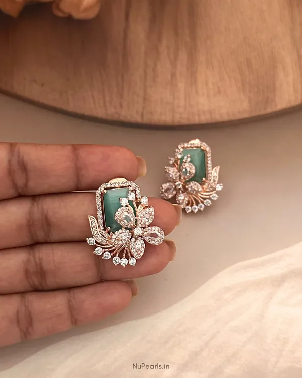 Mint_Green_Floral_Studs_|_18k_Rose_Gold_Plated_CZ_Studded_Party_Earrings