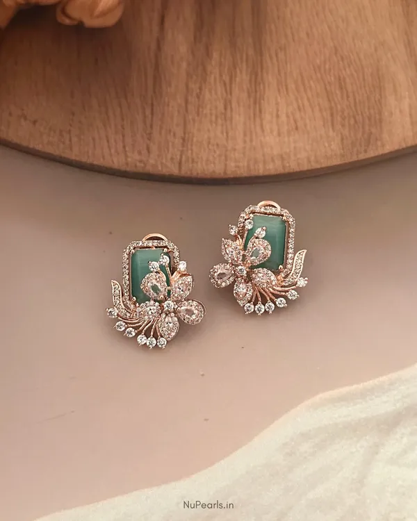 Mint_Green_Floral_Studs_|_18k_Rose_Gold_Plated_CZ_Studded_Party_Earrings