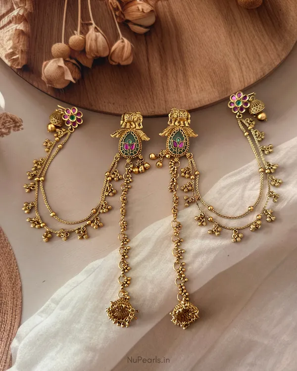Green_Pink_Bhairavi_Kashmiri_Ear_Chain_Ghunghroo_Long_Earrings