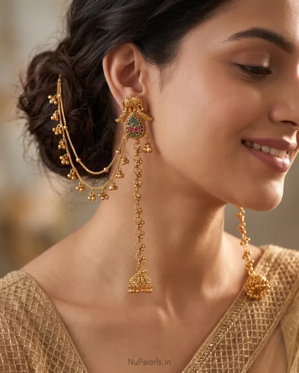 Green_Pink_Bhairavi_Kashmiri_Ear_Chain_Ghunghroo_Long_Earrings