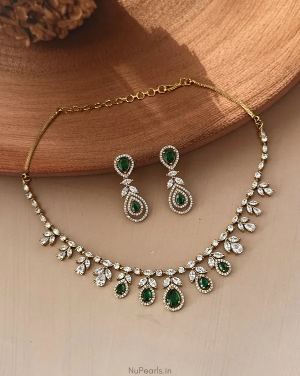 Green_Hiba_Necklace|Mehendi_Plated_American_Diamond_Jewellery_Set_For_Women_With_Earrings