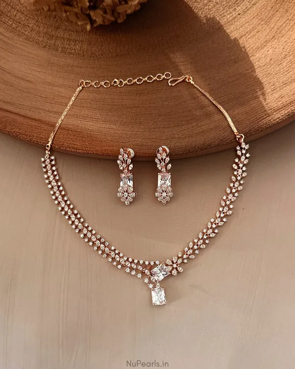 White_Elena_Necklace|18K_Rose_Gold_Plated_American_Diamond_Jewellery_Set_For_Women_With_Earrings