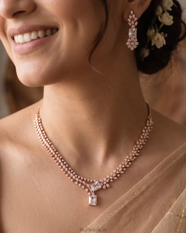 White_Elena_Necklace|18K_Rose_Gold_Plated_American_Diamond_Jewellery_Set_For_Women_With_Earrings
