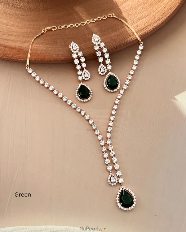 Green_Drop_Saba_Necklace|18K_Rose_Gold_Plated_American_Diamond_Jewellery_Set_For_Women_With_Earrings