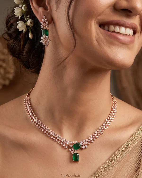 Green_Elena_Necklace|18K_Rose_Gold_Plated_American_Diamond_Jewellery_Set_For_Women_With_Earrings