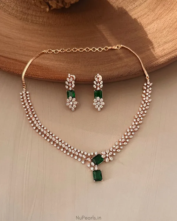 Green_Elena_Necklace|18K_Rose_Gold_Plated_American_Diamond_Jewellery_Set_For_Women_With_Earrings