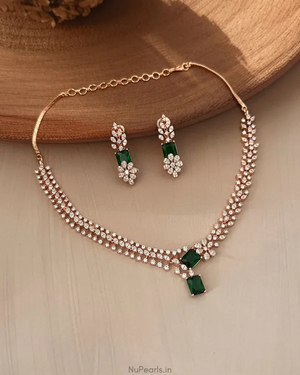 Green_Elena_Necklace|18K_Rose_Gold_Plated_American_Diamond_Jewellery_Set_For_Women_With_Earrings