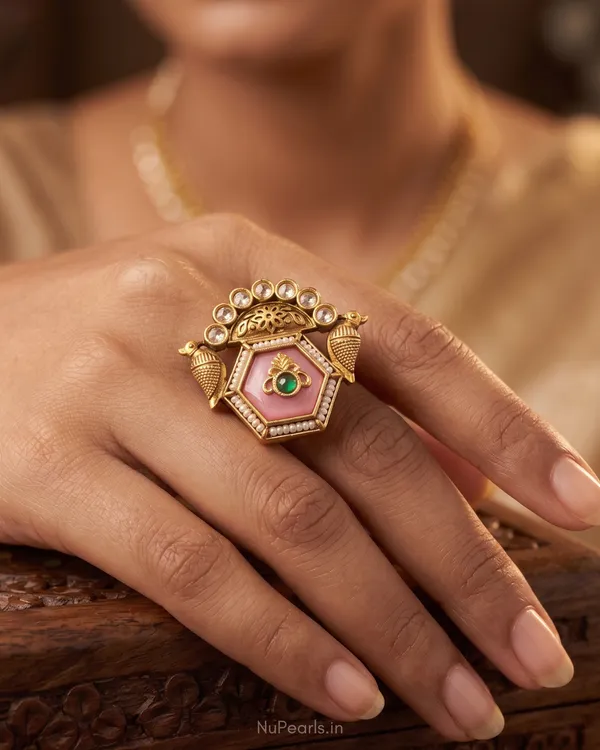 Sarika_Antique_Gold_Pink_Stone_Temple_Style_Statement_Ring_with_Pearl_Detailing_(Adjustable_for_Women)