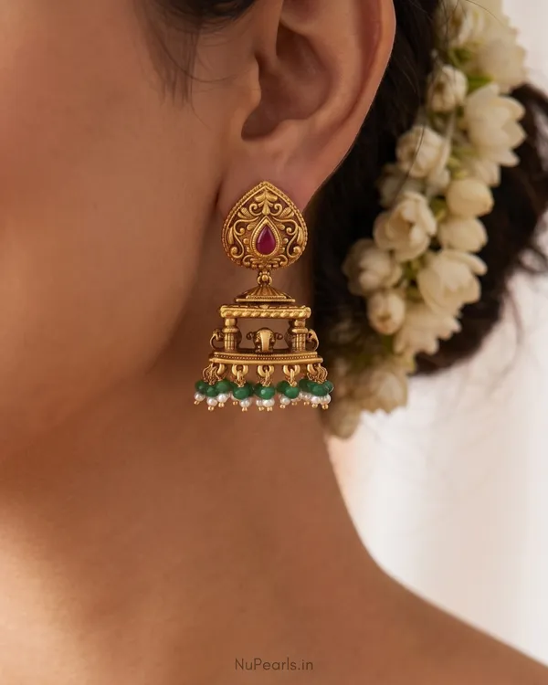 Green_Red_Swara_Temple_Antique_Gold_Jhumka_Earrings_with_Elephant_Motif