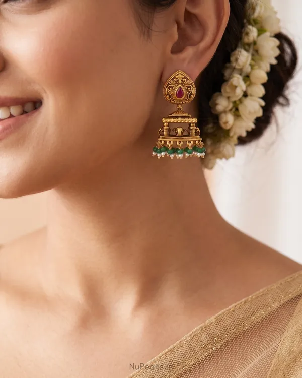 Green_Red_Swara_Temple_Antique_Gold_Jhumka_Earrings_with_Elephant_Motif