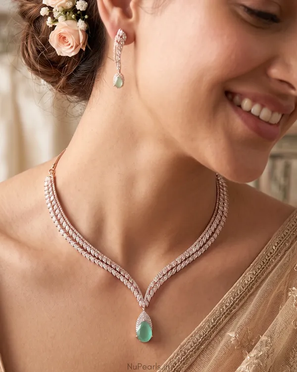Mint_Green_Zeba_Necklace|18K_Rose_Gold_Plated_American_Diamond_Jewellery_Set_For_Women_With_Earrings