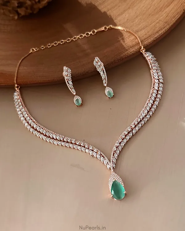 Mint_Green_Zeba_Necklace|18K_Rose_Gold_Plated_American_Diamond_Jewellery_Set_For_Women_With_Earrings