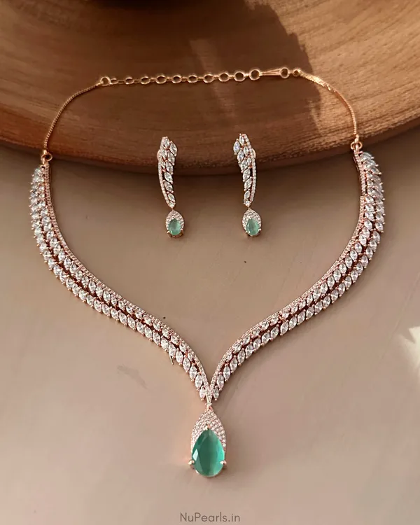 Mint_Green_Zeba_Necklace|18K_Rose_Gold_Plated_American_Diamond_Jewellery_Set_For_Women_With_Earrings