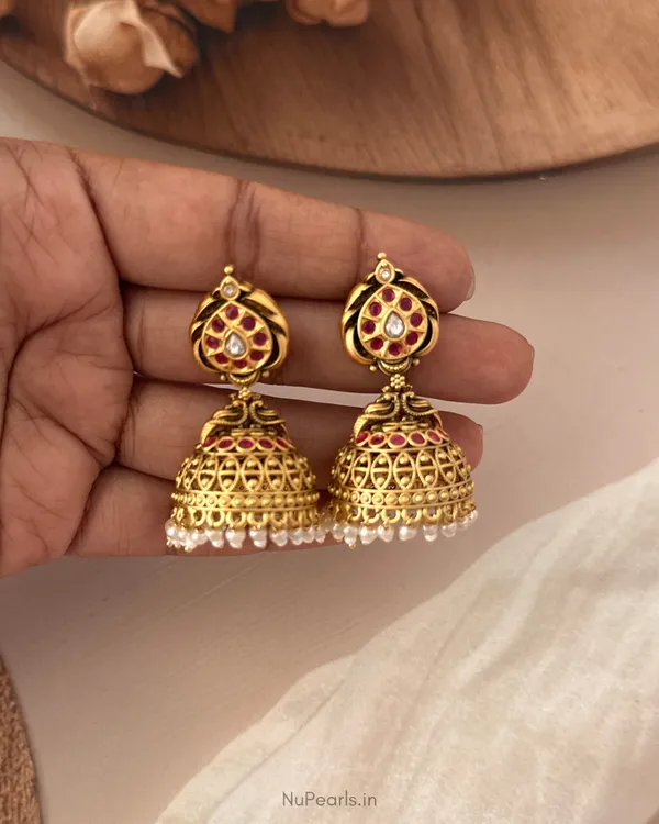 Vidhi_Traditional_Kundan_Jhumka_Earrings_with_Ruby_Stones_and_Pearl_Drops_|Antique_Gold_Finish