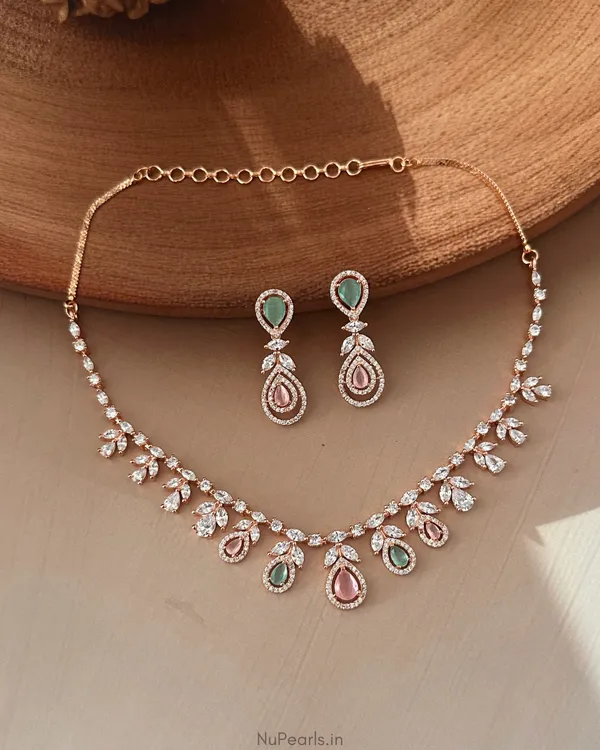 Mint_Green_&_Pink_Hiba_Necklace|18K_Rose_Gold_Plated_American_Diamond_Jewellery_Set_For_Women_With_Earrings