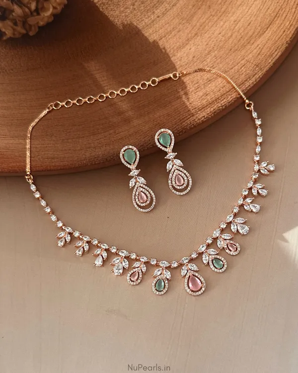 Mint_Green_&_Pink_Hiba_Necklace|18K_Rose_Gold_Plated_American_Diamond_Jewellery_Set_For_Women_With_Earrings