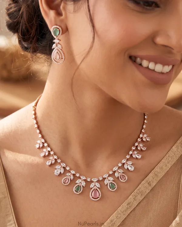 Mint_Green_&_Pink_Hiba_Necklace|18K_Rose_Gold_Plated_American_Diamond_Jewellery_Set_For_Women_With_Earrings