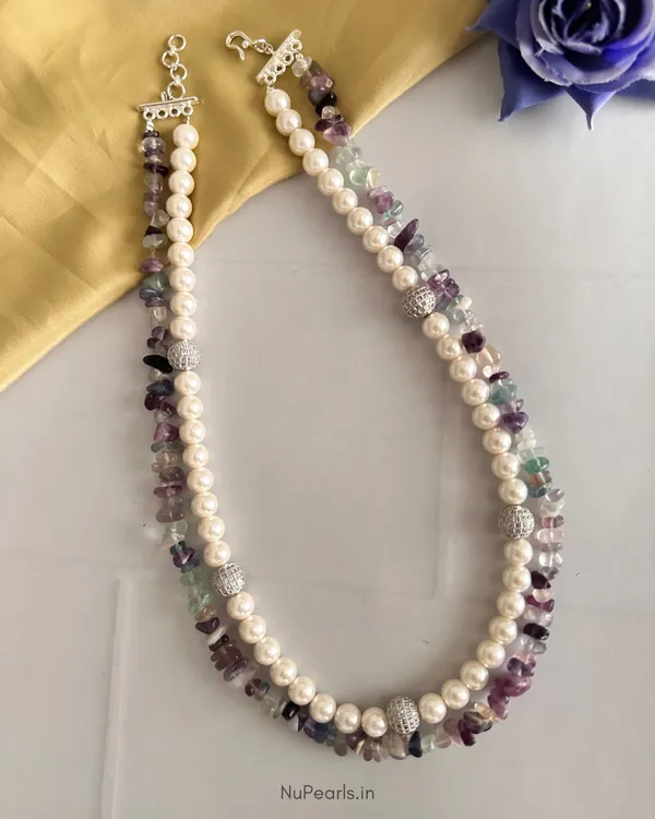 Multi_Colour-White_Pearl_&_Stone__Double_Layer_Mala_With_AD_Balls_|_Rida_Handmade_Necklace_With_Earrings