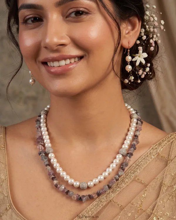 Multi_Colour-White_Pearl_&_Stone__Double_Layer_Mala_With_AD_Balls_|_Rida_Handmade_Necklace_With_Earrings