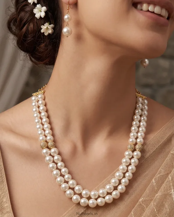 White_Pearl_Double_Layer_Fiona_Mala_With_CZ_Studded_Balls|_Handmade_Necklace