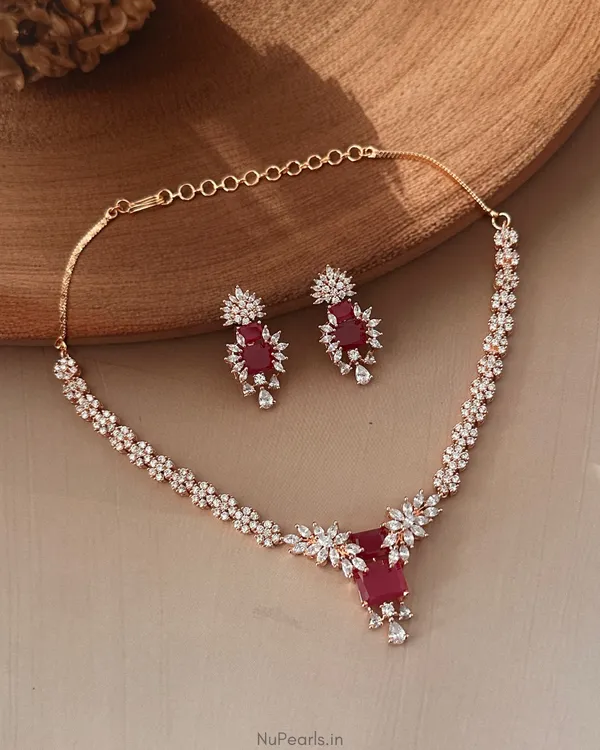 Ruby_Red_Tara_Necklace_|18K_Rose_Gold_Plated_American_Diamond_Jewellery_Set_For_Women_With_Earrings