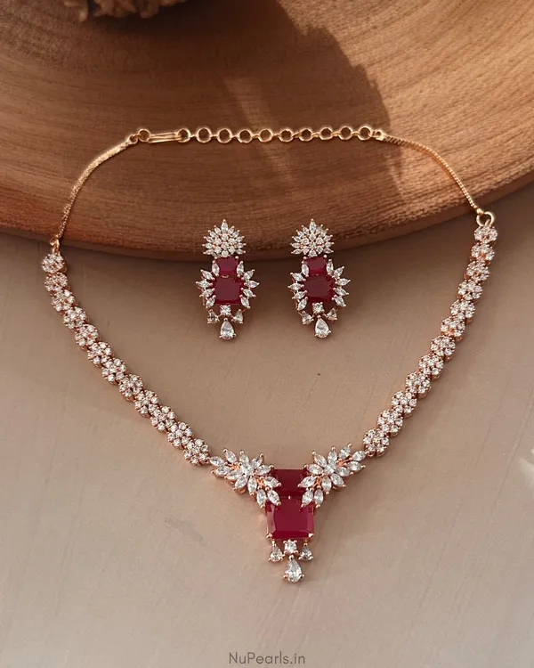 Ruby_Red_Tara_Necklace_|18K_Rose_Gold_Plated_American_Diamond_Jewellery_Set_For_Women_With_Earrings