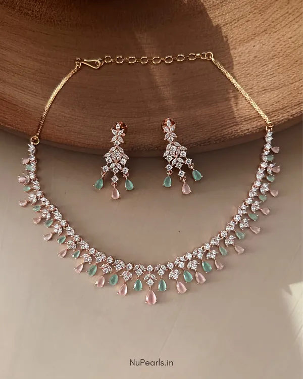 Mint_Green-Pink_Dwani_Necklace_|_18K_Rose_Gold_Plated_CZ_Studded_Jewellery_Set_For_Women