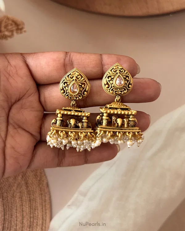 White_Swara_Temple_Antique_Gold_Jhumka_Earrings_with_Elephant_Motif_&_Pearl_Drops