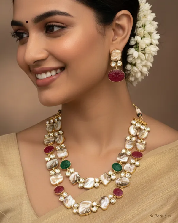 Red-Green_Mother_Of_Pearl_Kundan_Double_Layer_Necklace_With_Dori_|_Hoor_Handmade_Necklace_Set