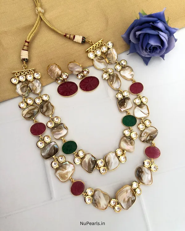 Red-Green_Mother_Of_Pearl_Kundan_Double_Layer_Necklace_With_Dori_|_Hoor_Handmade_Necklace_Set