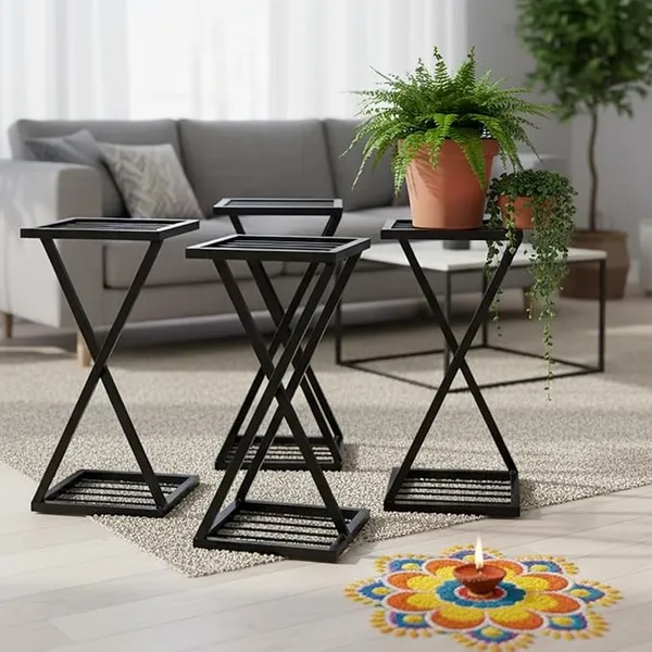 Set_Of_4_Black_Z_Shape_Plant_Stand/Flower_Shelf_for_Garden/Balcony/_Corner_Display/Double_Decker_Window_Planted_Stand