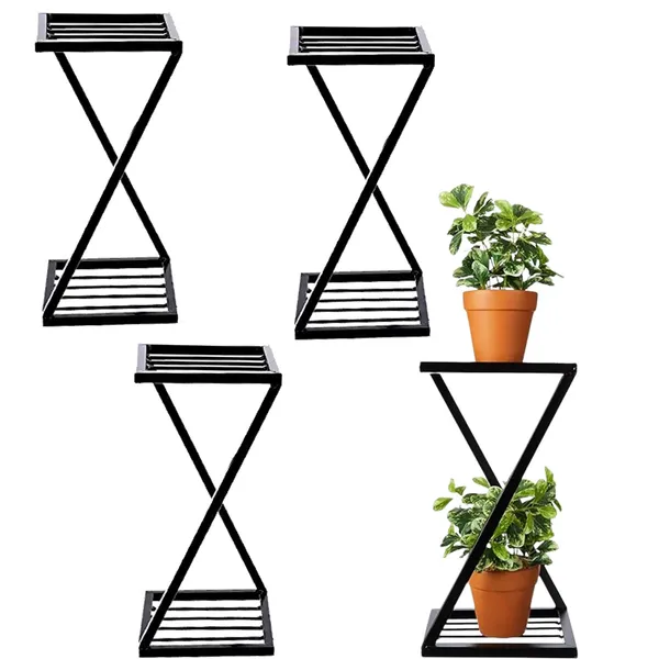 Set_Of_4_Black_Z_Shape_Plant_Stand/Flower_Shelf_for_Garden/Balcony/_Corner_Display/Double_Decker_Window_Planted_Stand
