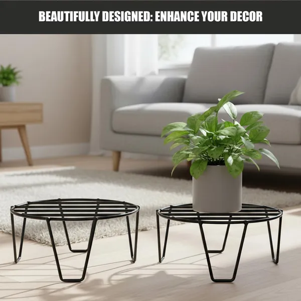 Set_Of_2_Black_Round_Metal_Flower_Pot/Plant_Stand_For_Home_Garden_Balcony_Living_Room_Decor_()