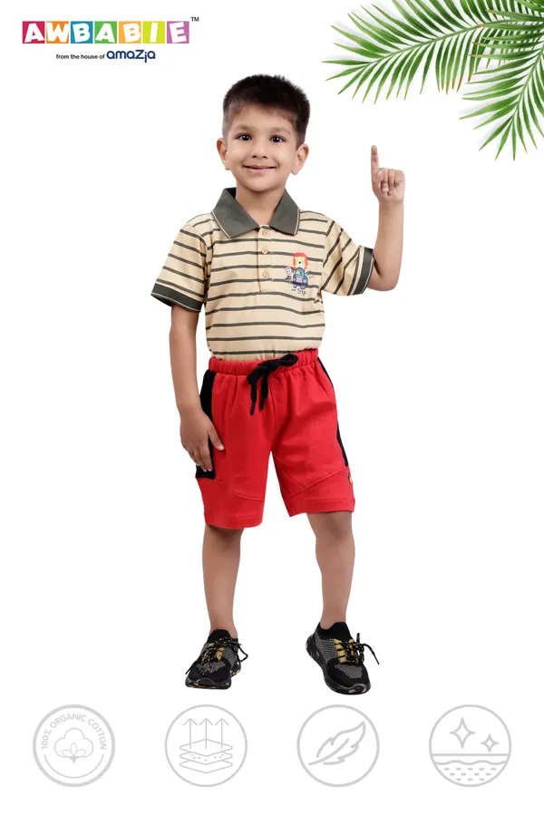Line_Printed_Soft_Cotton_Regular_T-Shirt_And_Red_Shorts_For_Boys_(Combo)