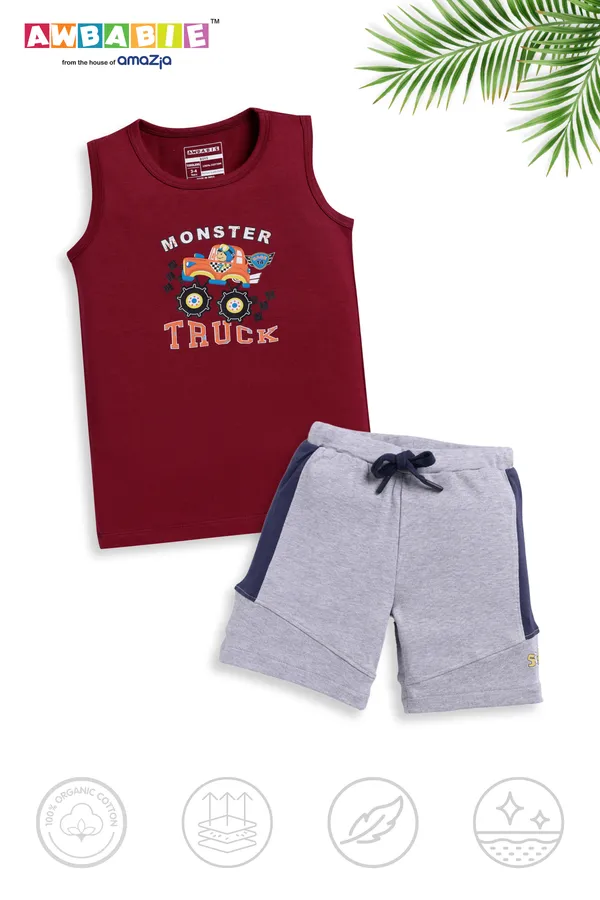 Marron_Soft_Cotton_Regular_Sleeveless_T-Shirt_And_Shorts_For_Boy_(Combo)