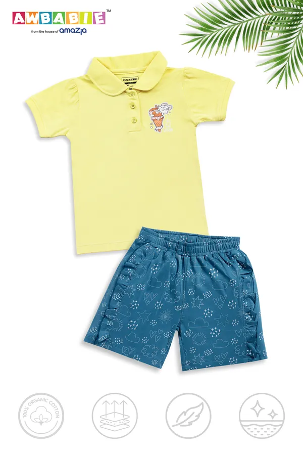Yellow_Soft_Cotton_Regular_T-Shirt_And_Blue_Shorts_For_Girls_(Combo)