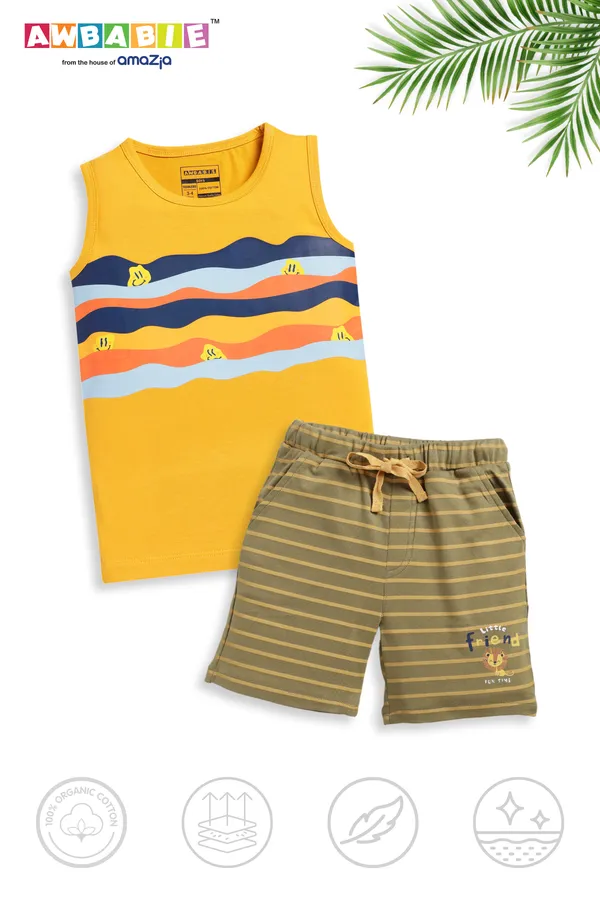 Yellow_Soft_Cotton_Regular_Sleeveless_T-Shirt_And_Shorts_For_Boy_(Combo)