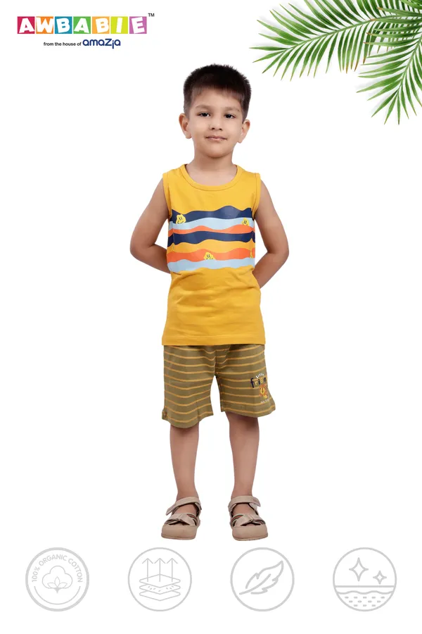 Yellow_Soft_Cotton_Regular_Sleeveless_T-Shirt_And_Shorts_For_Boy_(Combo)