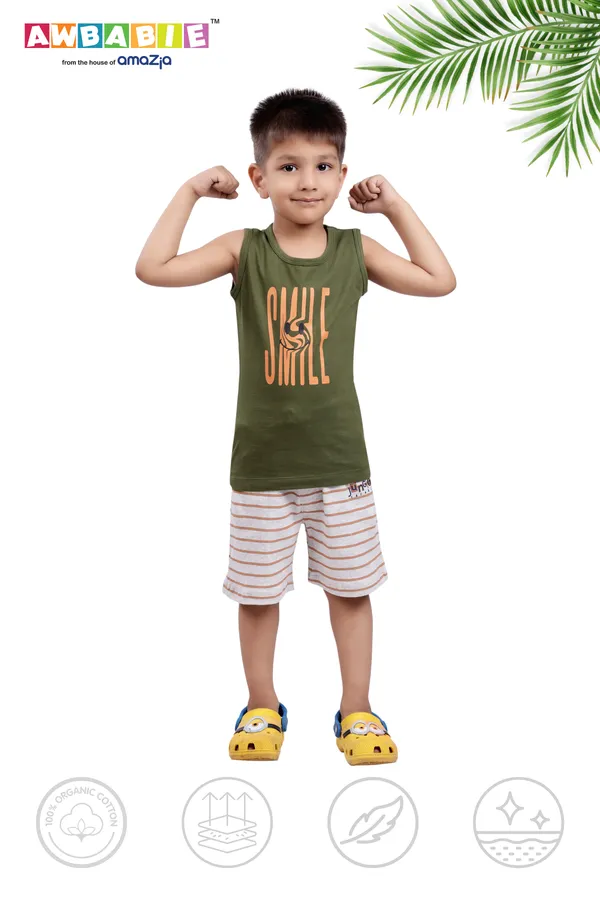 Olive_Green_Soft_Cotton_Regular_Sleeveless_T-Shirt_And_White_Shorts_For_Boy_(Combo)