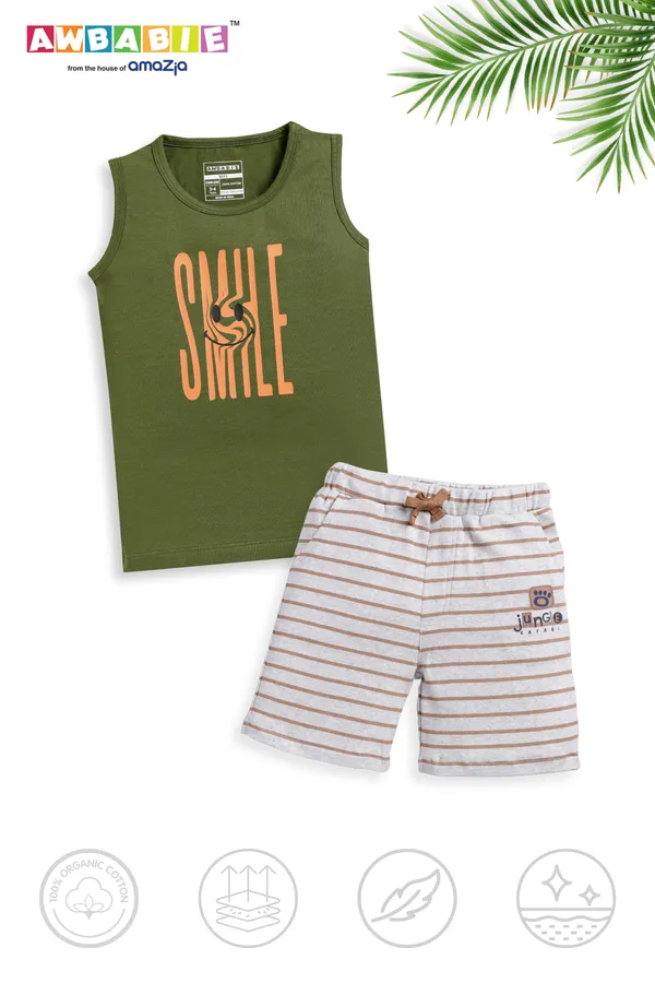 Olive_Green_Soft_Cotton_Regular_Sleeveless_T-Shirt_And_White_Shorts_For_Boy_(Combo)