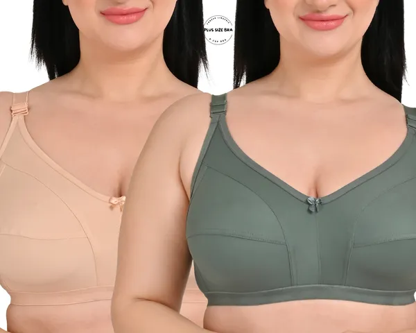 Pack_Of_2_Regular_Cotton_Blend_Solid_Non_Padded_Soft_Strap_Plus_Size_Bra_(Beige_&_Green)